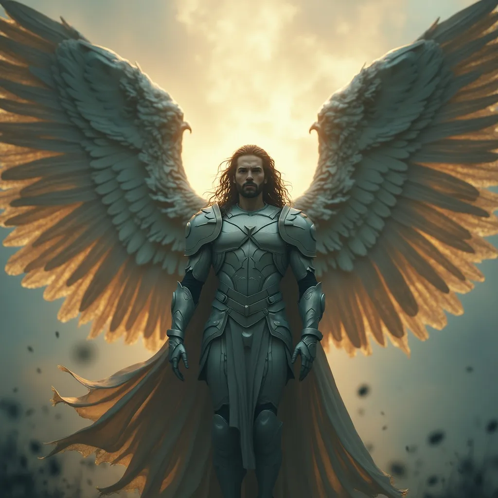 Prompt: Avenging angel, majestic wings spread wide, cloaked in ethereal colors, surrounded by an aura of vengeance. Powerful expression, military stance, with determination radiating from the figure. 4K ultra-detailed, cinematic atmosphere invoking awe and intensity.