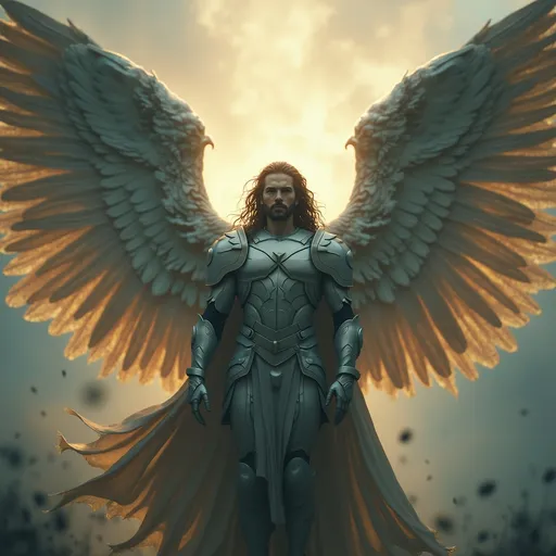 Prompt: Avenging angel, majestic wings spread wide, cloaked in ethereal colors, surrounded by an aura of vengeance. Powerful expression, military stance, with determination radiating from the figure. 4K ultra-detailed, cinematic atmosphere invoking awe and intensity.