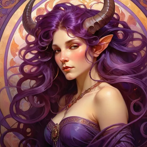 Prompt: 
Beautiful tiefling with elegant horns and long flowing hair, rich and vibrant purple skin, delicate and mesmerizing features, fantasy oil painting, detailed and lifelike, fantasy, elegant, regal, oil painting, vibrant colors, graceful horns, flowing hair, high quality, detailed, atmospheric lighting

