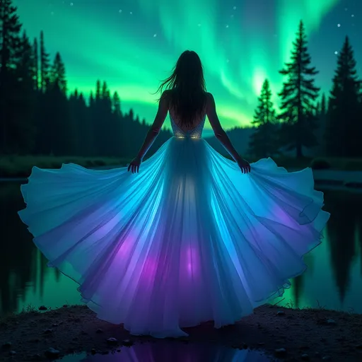 Prompt: (Aurora borealis dress), flowing gown inspired by breathtaking northern lights, with vibrant colors of green, blue, and purple blending beautifully, ethereal fabric flowing as if by wind, stunning forest backdrop under a night sky awash with the aurora's glow, enchanting atmosphere, dreamlike quality, HD, ultra-detailed, cinematic depth.