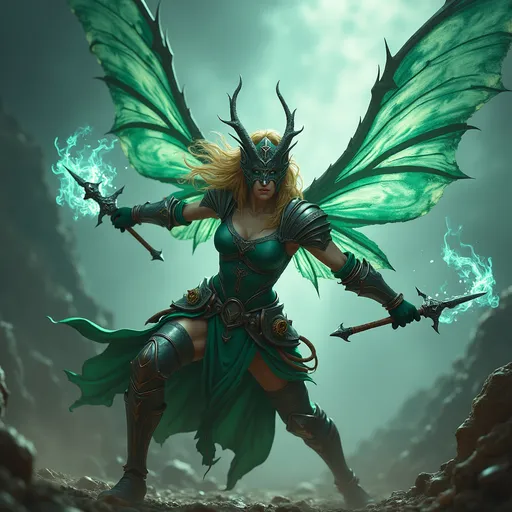 Prompt: War fairy engaging in battle, (dynamic action pose), (ethereal wings shimmering), fierce expression, medieval-inspired armor, glowing weapons, intense background with swirling magical energy, mist and shadows, (dramatic lighting), color palette of deep greens and vibrant blues, (fantasy theme), high detail, 4K, vividly capturing the essence of battle.