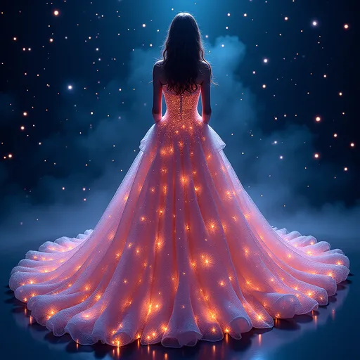 Prompt: A (dress of infinite stars), sparkling cosmic pattern, vibrant celestial hues, flowing fabric, twinkling stars radiating cosmic energy, ethereal glow, (highly detailed), enchanting background suggesting a night sky, ultra-detailed, captivating visual.