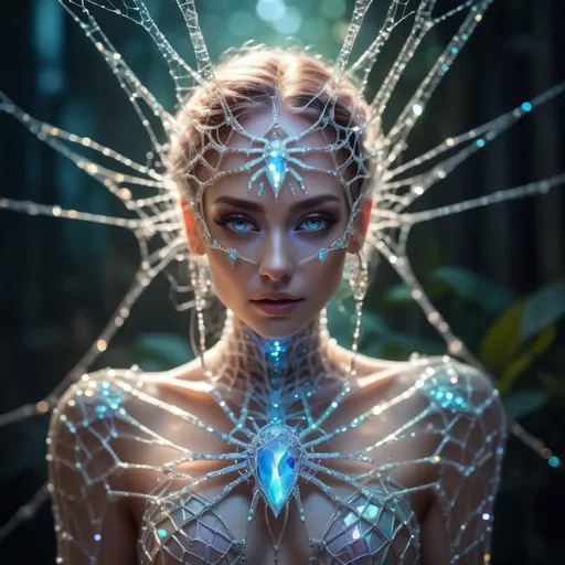 Prompt: Fantasy crystal spider goddess , shining iridescent exoskeleton, dressed in an intricate web of translucent crystals, magical glowing eyes, enchanting and mysterious atmosphere, high quality, fantasy style, vibrant colors, ethereal lighting
