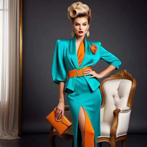 Prompt: Haute couture model in a retro 1980s outfit, retro hair style, elegant and sophisticated full body pose, luxurious fabric with rich textures, high-end fashion photography