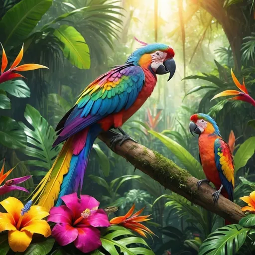 Prompt: (vibrant) Rainbow jungle birds, lush greenery, tropical foliage, vivid plumage, mesmerizing colors, dynamic movement, sunlight filtering through leaves, exotic flowers, enchanting atmosphere, harmonious nature, high detail feathers, intricate patterns, colorful habitat, (HD), a celebration of wildlife beauty.