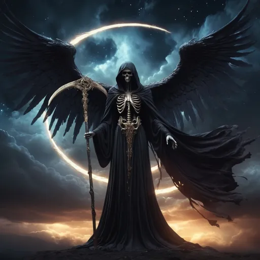 Prompt: Angel of Death, (ethereal figure shrouded in flowing dark robes), towering wings, haunting yet serene expression, grasping a luminous scythe, cosmic backdrop with swirling dark clouds and flickering stars, warm hues contrasting cold darkness, (highly detailed), (atmospheric and ethereal ambiance), spellbinding and dramatic composition, (ultra-detailed, 4K).