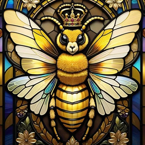 Prompt: Queen bee, regal and commanding stance, intricate gold and black stripes, detailed wings with shimmering iridescence, elegant and ornate crown, luxurious honeycomb background, high quality, realistic