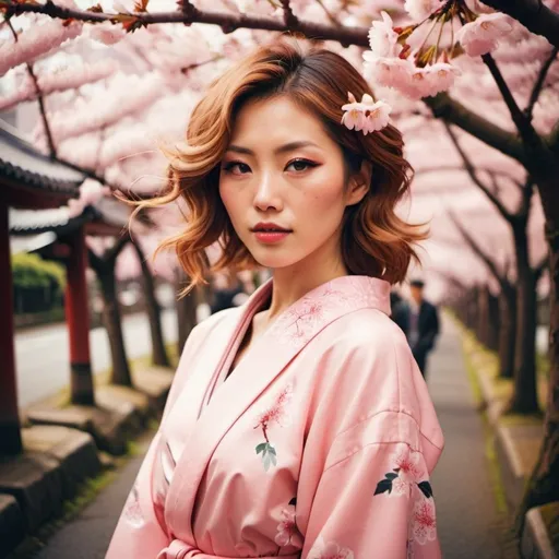 Prompt: Glamour photography of woman in Japan during cherry blossom season in the style of Guy Aroch