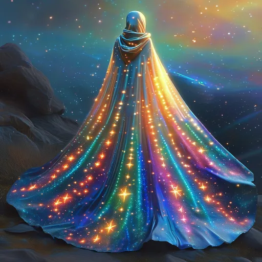 Prompt: A cloak of (infinite starlight), shimmering with celestial sparkles, draping gracefully like a waterfall of light, (ethereal glow) illuminating the surrounding space, vibrant cosmic colors blending seamlessly, set against a backdrop of (vast universe), countless stars twinkling, evoking a sense of cosmic wonder, (highly detailed), captivating depth and luminescence.