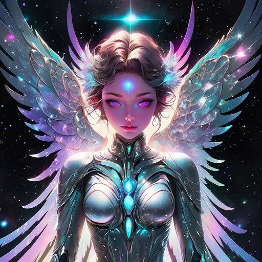 Prompt: Intergalactic snow angel with glowing eyes, digital art, cosmic background, celestial beauty, intricate icy wings, neon, crystalline structures, ethereal glow, vibrant color palette, high quality, space art, futuristic style, cool tones, radiant lighting