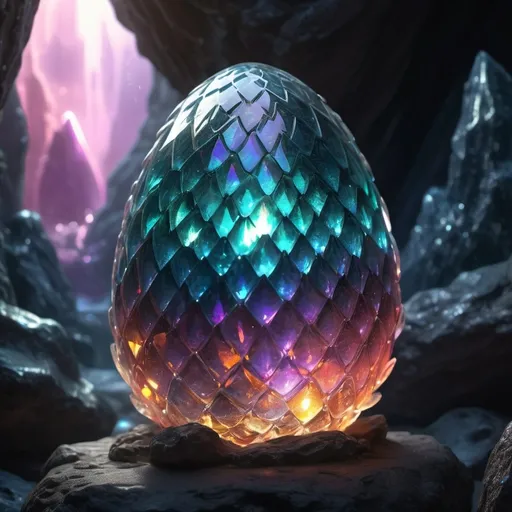 Prompt: (Crystal dragon egg), majestic, glowing with an ethereal light, intricate details, translucent scales with multifaceted reflections, majestic aura, mystical ambiance, vibrant colors, fantasy elements, luminescent highlights, shimmering gems around, enchanted cave setting, otherworldly glow, shadows creating depth, high contrast, ultra-detailed, 4K, mesmerizing, dreamy atmosphere, photographic realism, high dynamic range, visually stunning masterpiece.