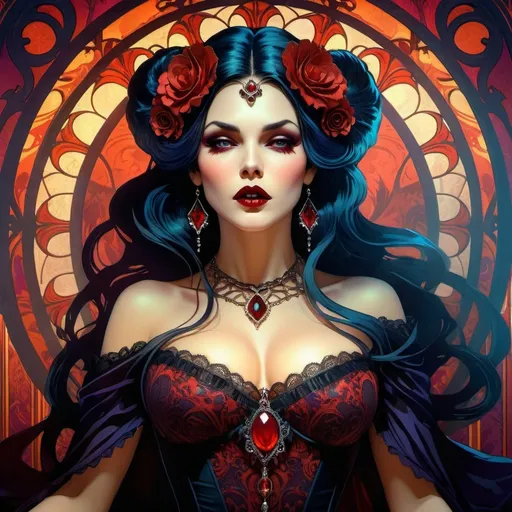 Prompt: Vampire horror queen, (dynamic pose), vibrant colors, dramatic lighting, (intense expression), horror-themed atmosphere, detailed costume with intricate patterns, background filled with haunting shadows, high resolution, ultra-detailed textures, evokes suspense and thrill. The overall ambiance is chilling and captivating, reminiscent of classic horror films.