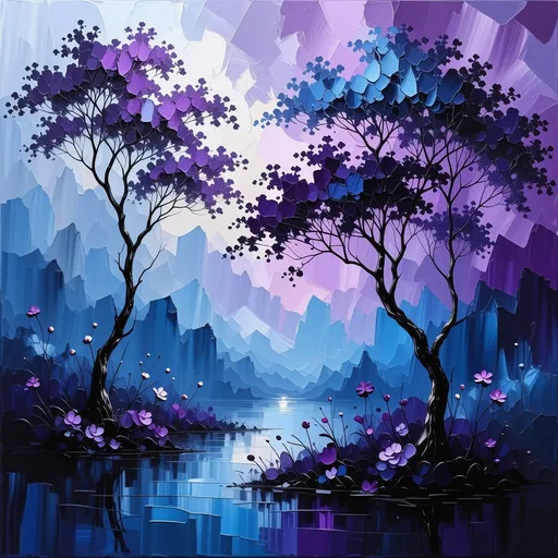 Prompt: (purple rain), (abstract expressionism), vibrant shades of purple, deep blues, expressive brushstrokes, layered hues blending, bold contrasts, dreamlike ambiance, a sense of movement, high quality, ultra-detailed