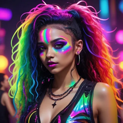 Prompt: (rainbow), (mixed race goth girl), dancing joyfully, vibrant colors splashing around, neon lights illuminating the scene, pulsating music waves, eclectic and energetic atmosphere, unique goth attire with colorful accents, funky accessories glimmering, vibrant background with people wavy silhouettes, (4K), high-quality, ultra-detailed night rave vibes.