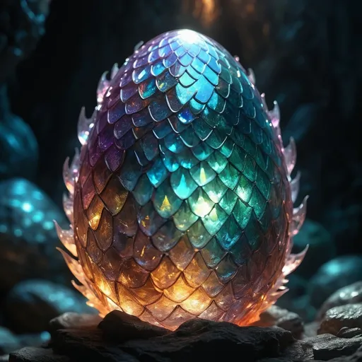 Prompt: (Crystal dragon egg), majestic, glowing with an ethereal light, intricate details, translucent scales with multifaceted reflections, majestic aura, mystical ambiance, vibrant colors, fantasy elements, luminescent highlights, shimmering gems around, enchanted cave setting, otherworldly glow, shadows creating depth, high contrast, ultra-detailed, 4K, mesmerizing, dreamy atmosphere, photographic realism, high dynamic range, visually stunning masterpiece.