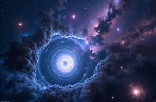 Prompt: (black holes and revelations), cosmic phenomena, (mysterious) celestial formations, swirling galaxies, an ethereal vista of space, deep black voids, vibrant stars scattered throughout, (electrifying colors) of blue, purple, and white, immense depth, (infinite) universe, (mystical ambiance), inviting awe and contemplation, highly detailed, immersive, (ultra-detailed) composition, resonate with wonder and curiosity.