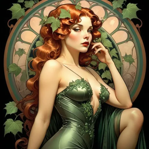 Prompt: Classic beauty, femme fatale, glamorous, full body, intense gaze, captivating eyes, mysterious, high quality, detailed, Poison Ivy, evening gown, sleek design, elegant, artistic, vintage, film noir, dramatic lighting, enchanting, attractive, alluring, highres, detailed, professional, glamorous lighting