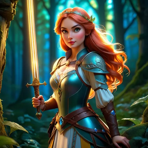 Prompt: Fairytale hero for hire, sword maiden, cinematic, highly detailed, magical realism, enchanting atmosphere, luminous lighting, vibrant colors, whimsical and adventurous, dynamic pose, intricate costume design, ultra-detailed, high resolution, 4K, professionally rendered