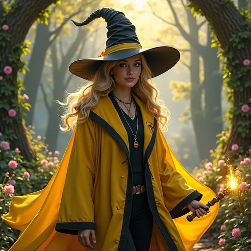 Prompt: (Hufflepuff witch) dressed in a yellow and black robe, vibrant magical aura surrounding her, glowing wand in hand, a beautiful and lush Hogwarts-inspired setting in the background filled with blooming flowers and towering trees, ultra-detailed, enchanting vibe, HD quality.