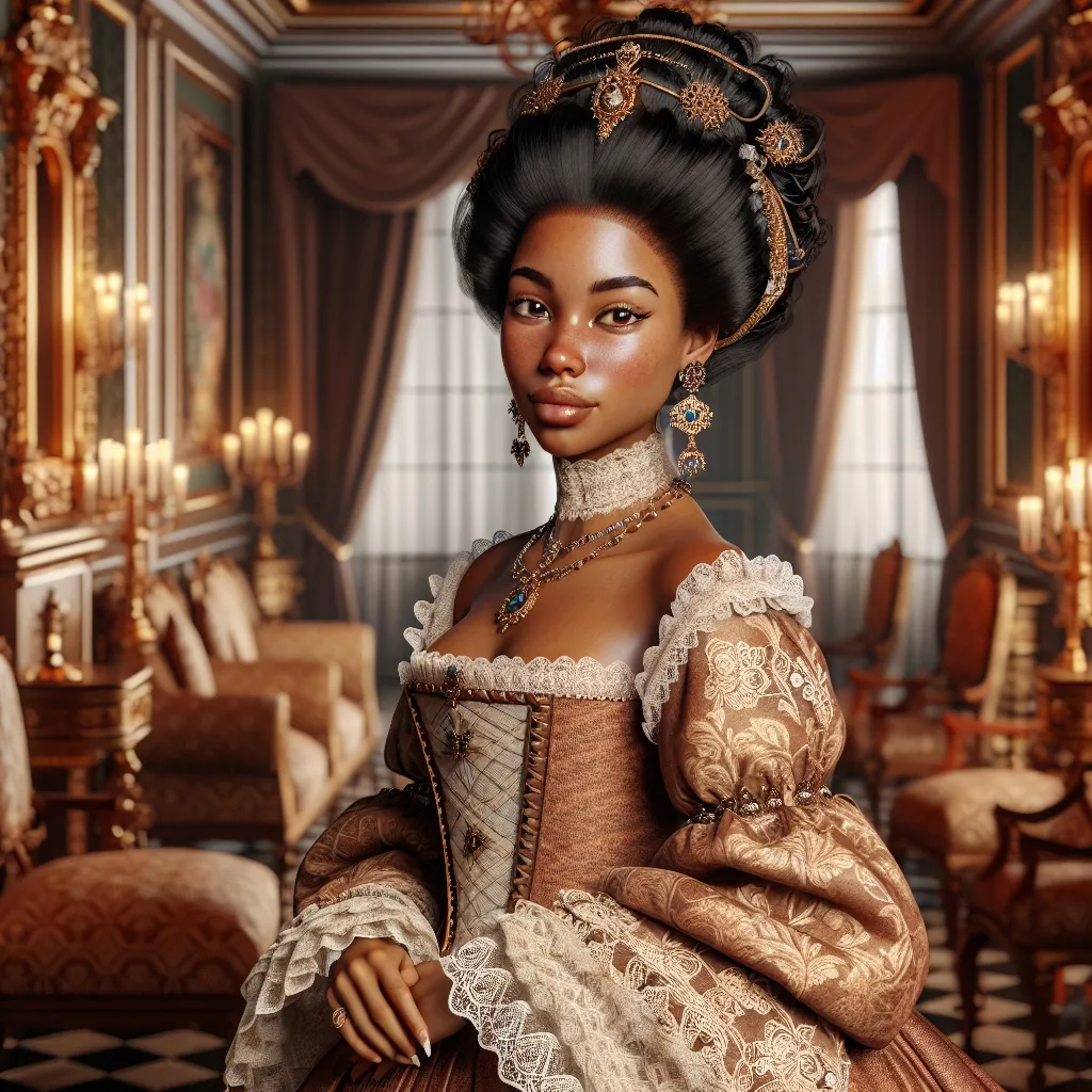 Prompt: Elizabethan era biracial woman, elegantly dressed in historically accurate gowns adorned with lace, historically accurate hair and makeup,  jewelry sparkling under soft, warm lighting, standing in a sumptuously designed parlor; rich color tones, high detail, 4K quality.