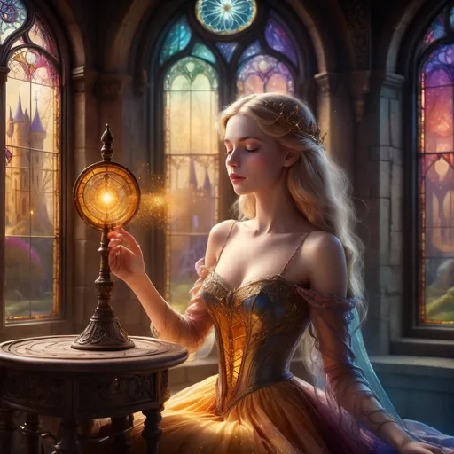 Prompt: Sleeping Beauty pricking her finger on the spindle, (fantasy art style), ethereal, magical atmosphere, warm and golden glowing light, (hauntingly beautiful) expression, long flowing dress with intricate details, (majestic castle interior) in the background, enchanted spinning wheel, fairy tale tome, stained glass windows casting colorful reflections, shimmering dust particles floating in the air, high contrast, ultra-detailed, 4K, immaculate craftsmanship, whimsical elements, cinematic composition, mystical aura