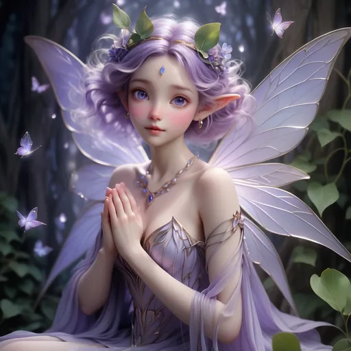 Prompt: (Lilac flower fairy), (intricate details), (Brian Froud style), ethereal beauty, dynamic pose, whimsical elements, intricate wings on back, soft mystical lighting, enchanting ambiance, high-quality illustration, expressive eyes, adorned with leafy accessories, delicate features, a world of fantasy, magical atmosphere