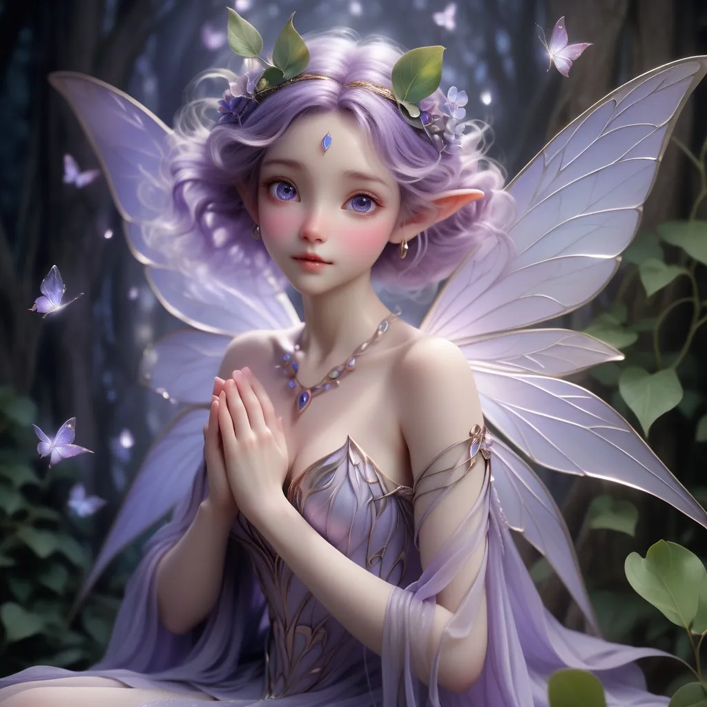 Prompt: (Lilac flower fairy), (intricate details), (Brian Froud style), ethereal beauty, dynamic pose, whimsical elements, intricate wings on back, soft mystical lighting, enchanting ambiance, high-quality illustration, expressive eyes, adorned with leafy accessories, delicate features, a world of fantasy, magical atmosphere