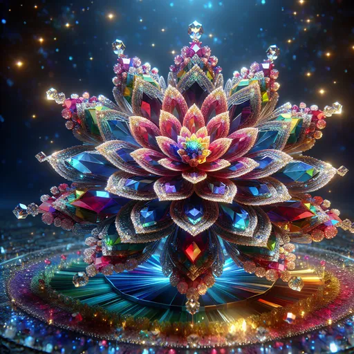 Prompt: rainbow crystal flower, vibrant, symmetrical, sparkling colors, intricate and reflective facets, magical ambiance, high detail, ultra-detailed, 4K resolution