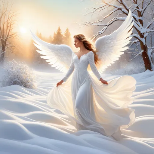 Prompt: Snow angel, digital painting, serene winter landscape, ethereal glow, angelic figure in pristine white snow, delicate details, high quality, artistic, detailed snow texture