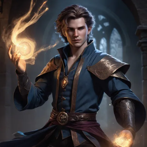 Prompt: The young wizard Gale from Baldur’s Gate 3, action pose, full body, digital painting, floating magical artifacts, detailed hair, hauntingly handsome facial features, mystical aura, high quality, fantasy, dark and moody tones, magical lighting