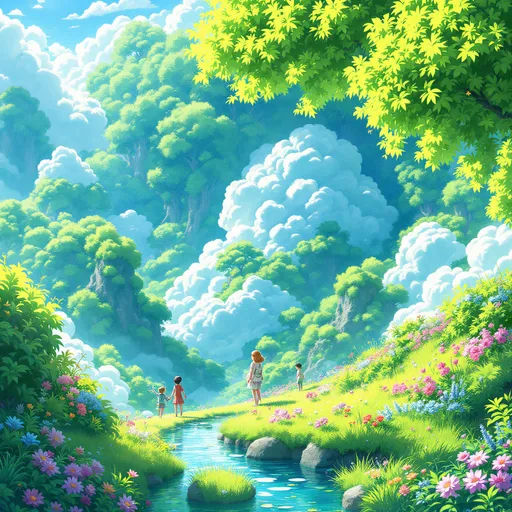 Prompt: Miyazaki-inspired illustration, vibrant colors, dreamlike atmosphere, enchanting landscapes filled with lush greenery and soft cloud formations, joyous, intricately detailed, ultra-detailed, HD quality.