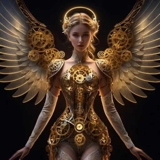 Prompt: (Clockwork angel), intricate mechanical wings, elegant gears intertwined, clockwork clothing, golden patina, ethereal glow, wisps of steam, serene expression, halo of delicate cogs, set against a dark atmospheric background, faint glimmering lights illuminating, mystical, enchanting, highly detailed, fantasy art style, invoking a sense of wonder, 4K, ultra-detailed.