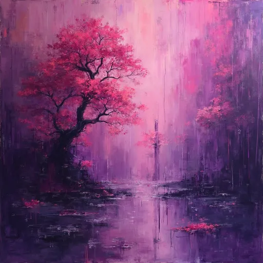 Prompt: (purple rain), (raspberry berets), (abstract expressionism), vibrant shades of purple and raspberry, expressive brushstrokes, layered hues blending, bold contrasts, dreamlike ambiance, a sense of movement, high quality, ultra-detailed