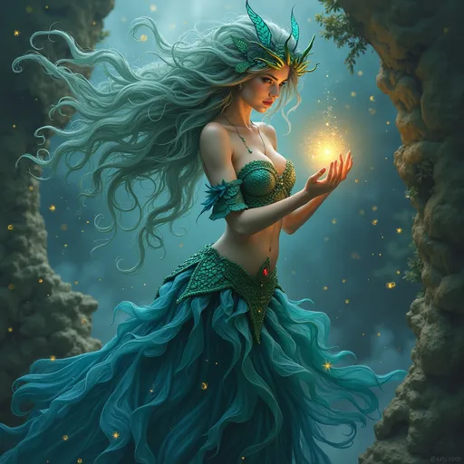 Prompt: Siren inspired by (Brian Froud) style, fairytale-like creature with enchanting features, intricate scales and flowing hair, vibrant colors with a mystical glow, (highly imaginative) artwork, dreamlike atmosphere, detailed background, (4K), ultra-detailed illustration.