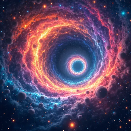 Prompt: (Rainbow wormhole), a swirling tunnel of vibrant colors, dynamic hues blending in mesmerizing patterns, cosmic energy emanating, set against a dark starry space background, luminous stars and galaxies scattered, high depth, ultra-detailed, ethereal atmosphere infused with wonder and curiosity, visually captivating, a portal to new dimensions, breathtaking visuals, 4K quality.