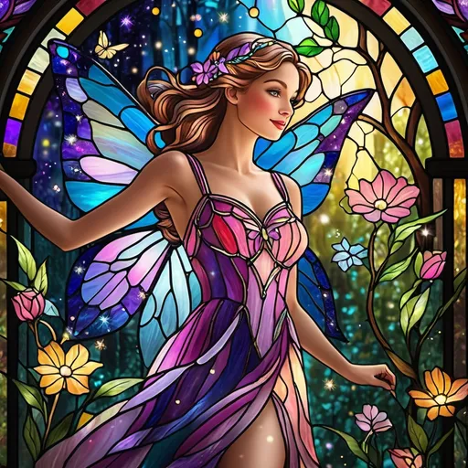 Prompt: (dancing fairy), (whimsical atmosphere), magical glimmers, soft glowing lights, (enchanted forest), vibrant colors, delicate wings fluttering, ethereal vibe, graceful poses, surrounded by flowers and sparkling dust, enchanting moonlight filtering through trees, dreamy ambiance, high detail, 4K, captivating and joyful scene, vivid portrayal of whimsy and fantasy.