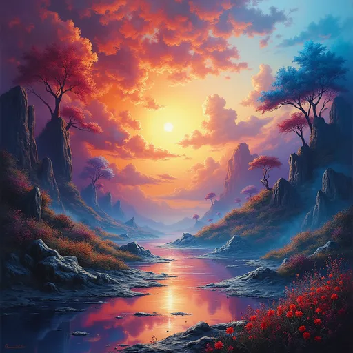 Prompt: (vibrant, abstract representation of the concept of imagination), surreal, dreamlike landscapes, vivid colors swirling together, (highly detailed), captures the essence of ephemeral and illusion, enchanting mood, (evocative) atmosphere