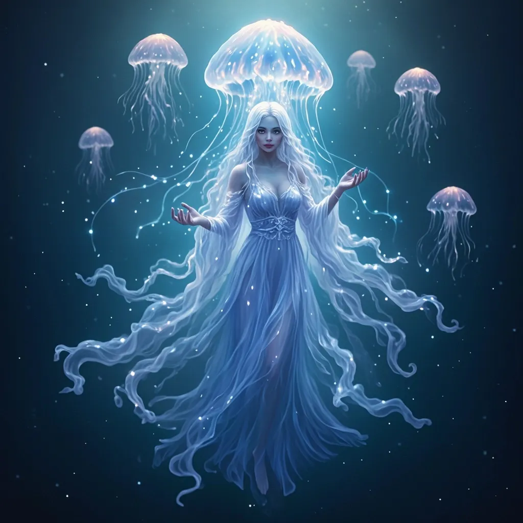 Prompt: ethereal jellyfish goddess, translucent flowing robes, bioluminescent hues, graceful pose, serenely glowing tendrils, mystical oceanic background, shimmering light, dreamy atmosphere, calm and otherworldly, soft pastel colors blending with deep oceanic tones, ultra-detailed, high quality, captivating and enchanting vibe, moonlit ambiance