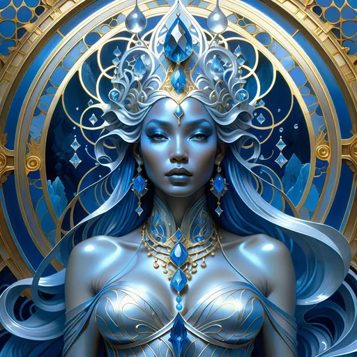Prompt: a stunning interpretation of a water goddess , highly detailed and intricate, golden ratio, blue and silver , mist, glow, crystal , metallic, hyper maximalist, ornate, luxury, elite, ominous, haunting, matte painting, cinematic, cgsociety, James jean, Brian froud, ross tran