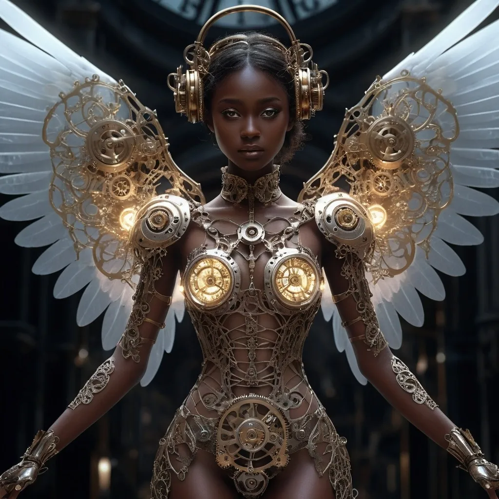 Prompt: (Clockwork angel), dark skin,  intricate mechanical wings, elegant gears intertwined, clockwork clothing and shoes, ethereal glow, wisps of steam, serene expression, halo of delicate cogs, well lit, faint glimmering lights illuminating, mystical, enchanting, highly detailed, fantasy art style, invoking a sense of wonder, 4K, ultra-detailed.