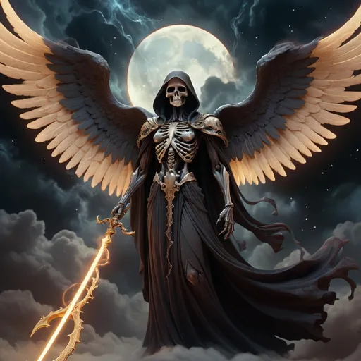 Prompt: Angel of Death, (ethereal figure shrouded in flowing dark robes), towering wings, haunting yet serene expression, grasping a luminous scythe, cosmic backdrop with swirling dark clouds and flickering stars, warm hues contrasting cold darkness, (highly detailed), (atmospheric and ethereal ambiance), spellbinding and dramatic composition, (ultra-detailed, 4K).