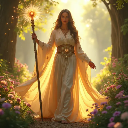 Prompt: Healing warrior priestess, an aura of serenity and strength radiating from her, adorned in flowing robes accented with shimmering symbols of nature. She wields a staff emitting a soft glow, surrounded by an ethereal garden filled with vibrant flora and gentle colors. Warm golden sunlight bathes the scene, creating a magical and calming atmosphere, captured in ultra-detailed 4K.