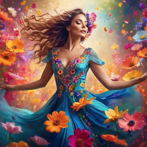 Prompt: Stunning woman made of colorful flowers dancing, eyes open, digital illustration, vibrant, high-resolution, surreal, fantasy, floral dress swaying, ethereal beauty, flowing movement, enchanting, blooming petals, intricate details, luscious colors, dreamy atmosphere, magical lighting