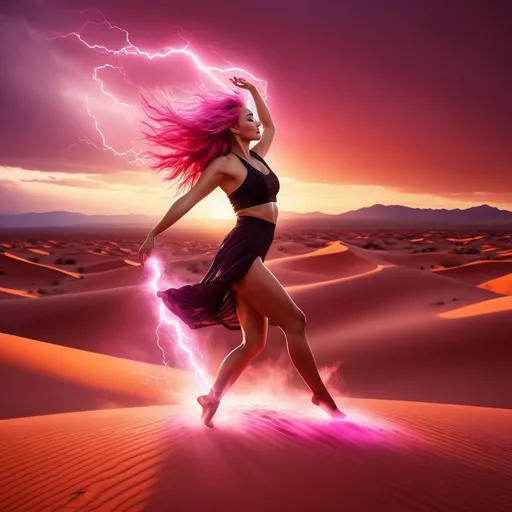 Prompt: Woman dancing in desert, hair with pink lightning, vibrant sunset, high quality, digital art, desert landscape, flowing movements, pink hair, dynamic pose, surreal, warm tones, vibrant colors, artistic lighting