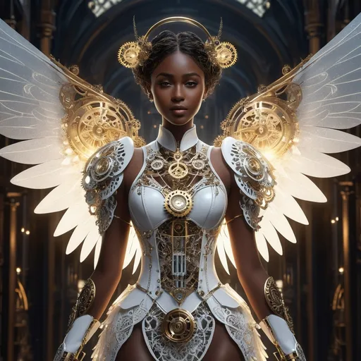 Prompt: (Clockwork angel), dark skin,  intricate mechanical wings, elegant gears intertwined, clockwork clothing and shoes, ethereal glow, wisps of steam, serene expression, halo of delicate cogs, well lit, faint glimmering lights illuminating, mystical, enchanting, highly detailed, fantasy art style, invoking a sense of wonder, 4K, ultra-detailed.