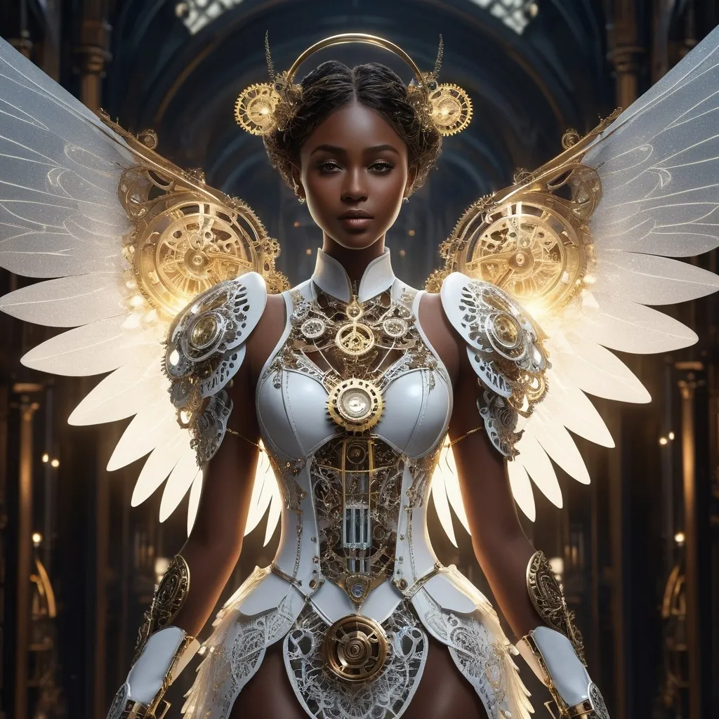 Prompt: (Clockwork angel), dark skin,  intricate mechanical wings, elegant gears intertwined, clockwork clothing and shoes, ethereal glow, wisps of steam, serene expression, halo of delicate cogs, well lit, faint glimmering lights illuminating, mystical, enchanting, highly detailed, fantasy art style, invoking a sense of wonder, 4K, ultra-detailed.