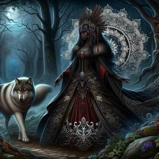 Prompt: Detailed digital painting of a maiden with a wolf protector, medieval fantasy setting, mystical ambiance, high quality, intricate design, professional, atmospheric lighting