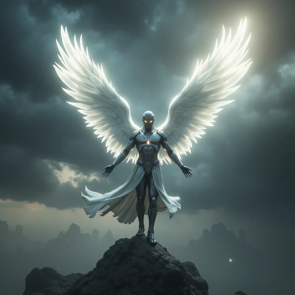 Prompt: Avenging angel, majestic wings spread wide, cloaked in ethereal white and silver tones, surrounded by an aura of vengeance. Ethereal glowing light breaking through dark stormy skies in the background, creating a captivating contrast. Powerful expression, poised stance, with determination radiating from the figure. 4K ultra-detailed, cinematic atmosphere invoking awe and intensity.