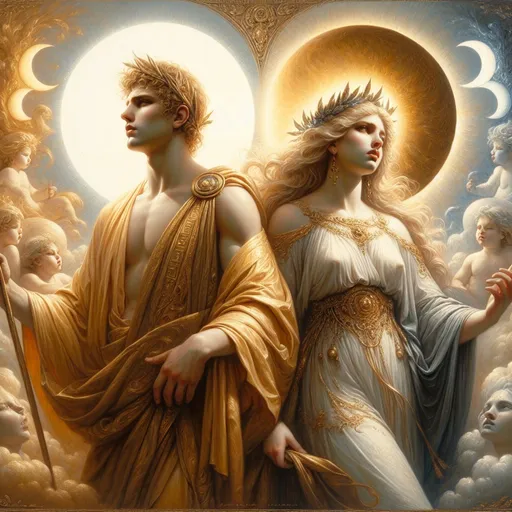 Prompt: Realistic oil painting of Apollo the Sun God and Artemis the moon goddess , golden and silvery tones, Greek mythology, detailed facial features, flowing robes, ethereal lighting, divine atmosphere, high quality, classical, realistic, sun and moon 