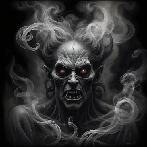 Prompt: Smoke demon, dark and menacing, realistic charcoal drawing, swirling tendrils of smoke forming a demonic figure, eerie glowing eyes piercing through the smoke, smoky tendrils intertwining with dark shadows, ominous and foreboding atmosphere, high contrast, detailed smoke texture, charcoal drawing, realistic, eerie lighting, menacing presence, haunting, dark tones